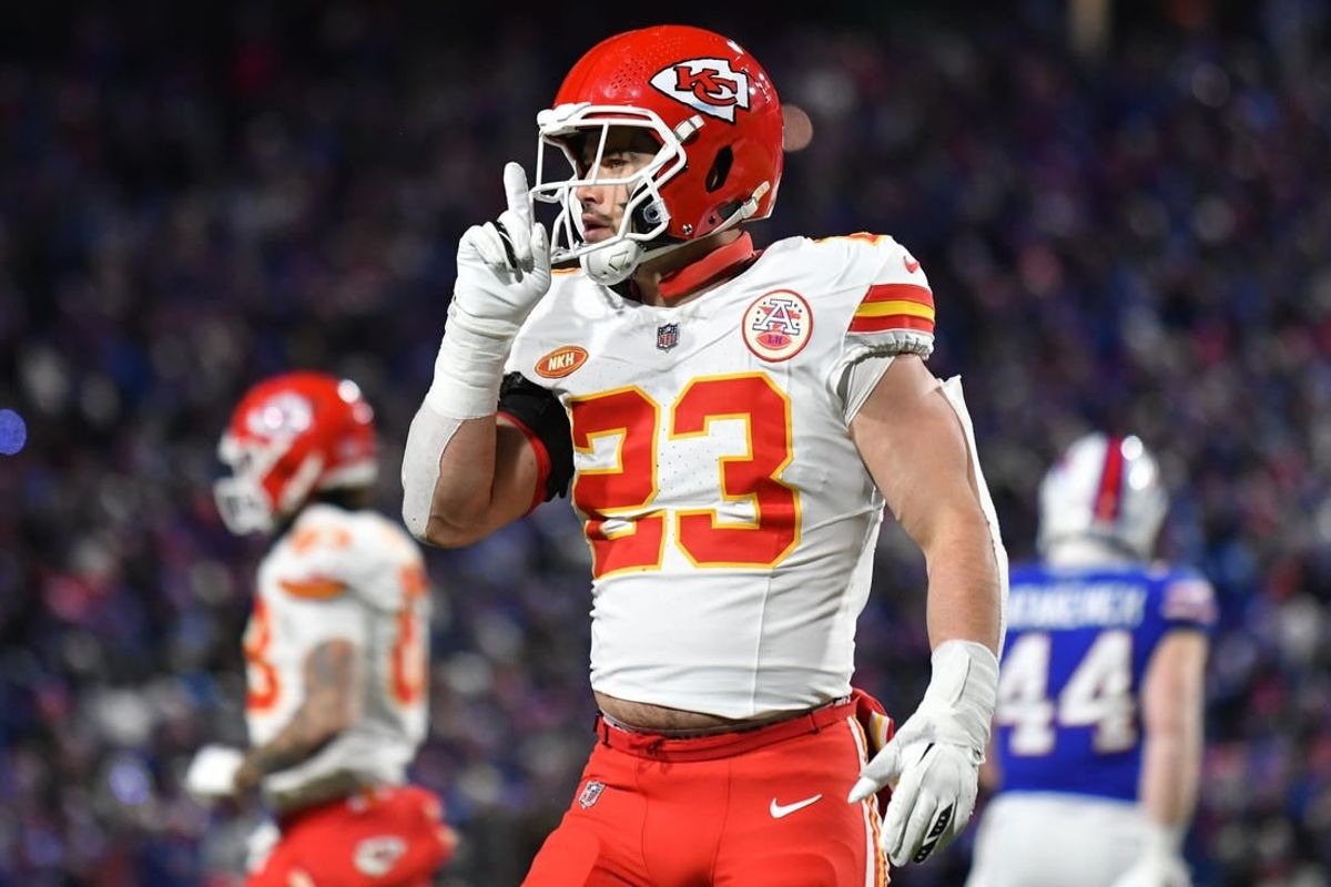 Jan 21, 2024; Orchard Park, New York, USA; Kansas City Chiefs linebacker Drue Tranquill (23) reacts against the Buffalo Bills in the second half of the 2024 AFC divisional round game at Highmark Stadium.