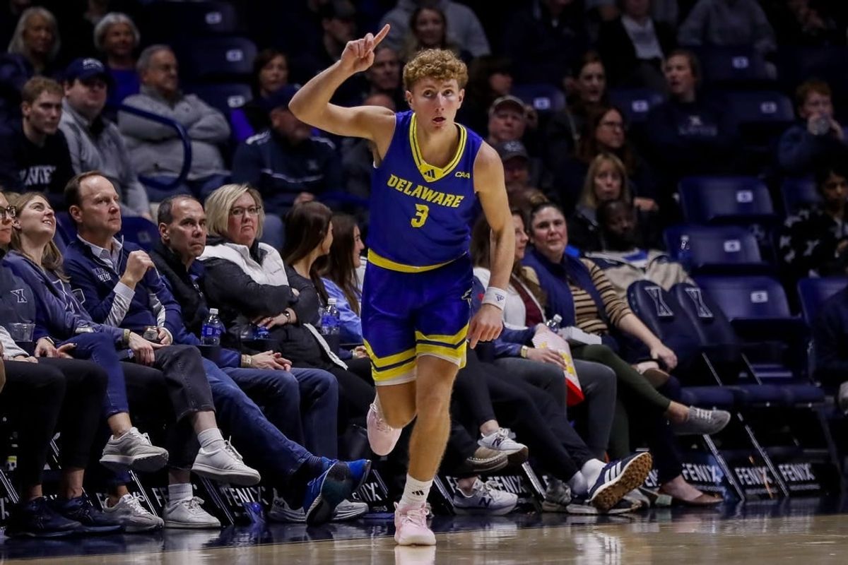 Dec 5, 2023; Cincinnati, Ohio, USA; Delaware Blue Hens guard Cavan Reilly (3) reacts after a play against the Xavier Musketeers in the first half at Cintas Center.