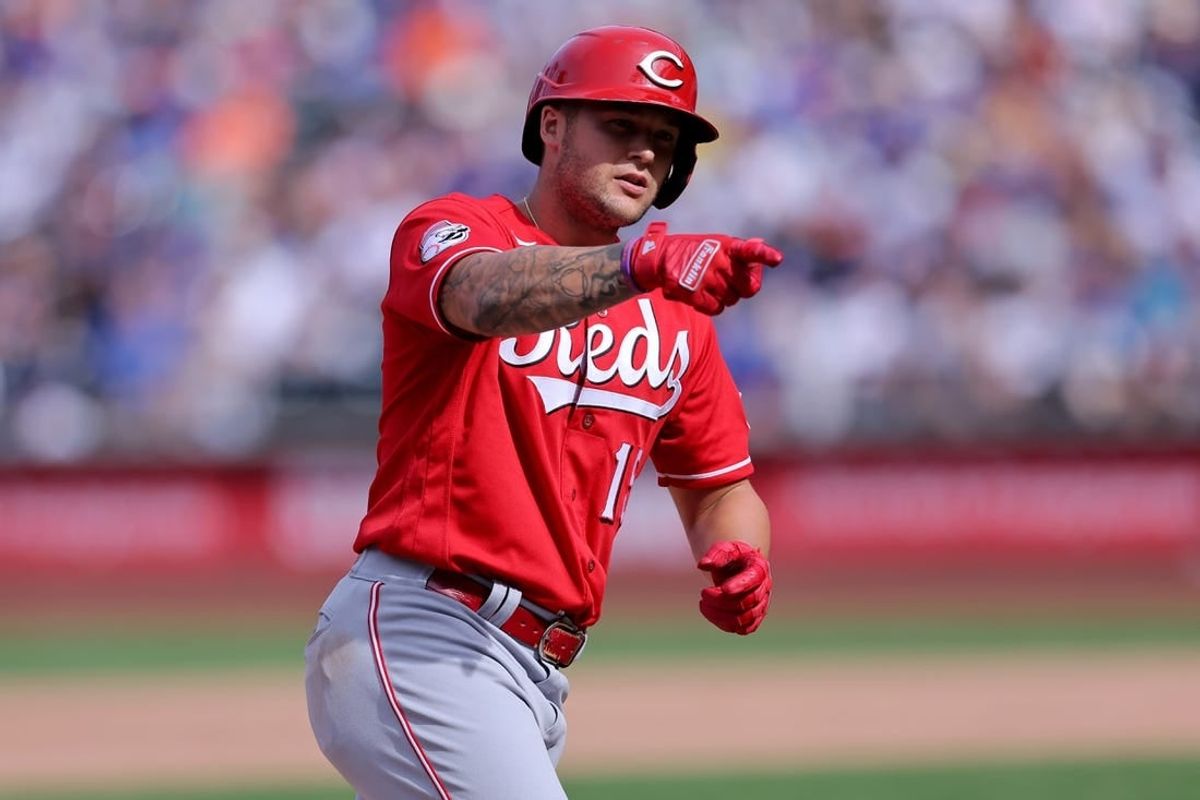 Sep 17, 2023; New York City, New York, USA; Cincinnati Reds left fielder Nick Senzel (15) rounds the bases after hitting a solo home run against the New York Mets during the fifth inning at Citi Field.