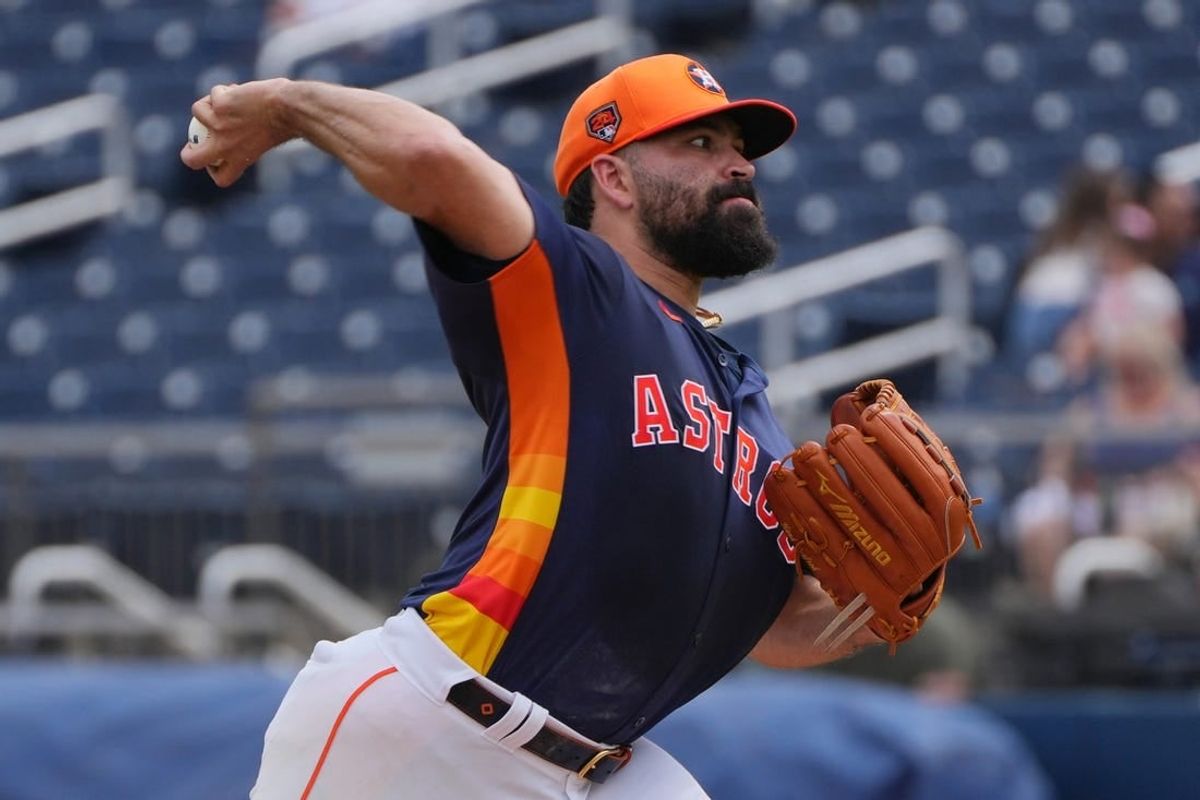 Mar 9, 2024; West Palm Beach, Florida, USA; Houston Astros starting pitcher Jose Urquidy (65) pitches in the first inning against the Washington Nationals at CACTI Park of the Palm Beaches.