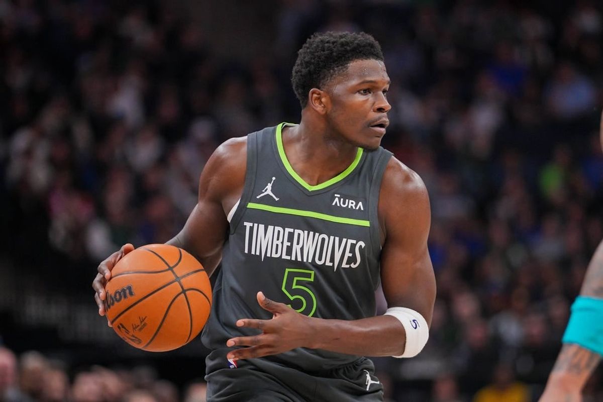 Jan 22, 2024; Minneapolis, Minnesota, USA; Minnesota Timberwolves guard Anthony Edwards (5) dribbles against the Charlotte Hornets in the first quarter at Target Center.