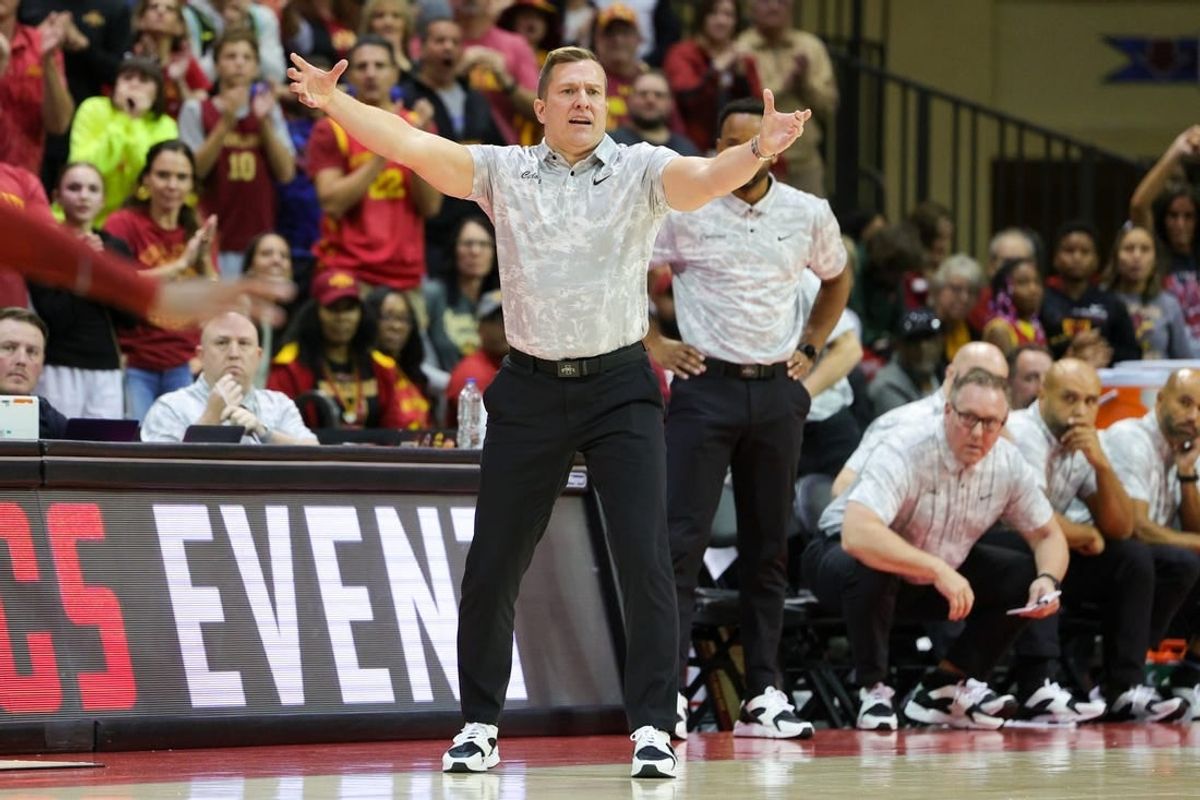 Nov 23, 2023; Kissimmee, Florida, USA;  Iowa State Cyclones head coach T. J. Otzelberger reacts after a play against the Virginia Commonwealth Rams in the second half during the ESPN Events Invitational at State Farm Field House.