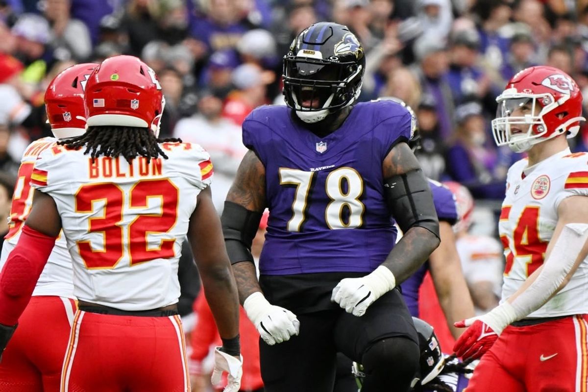 Jan 28, 2024; Baltimore, Maryland, USA; Baltimore Ravens offensive tackle Morgan Moses (78) reacts after a play against the Kansas City Chiefs during the first half in the AFC Championship football game at M&T Bank Stadium.