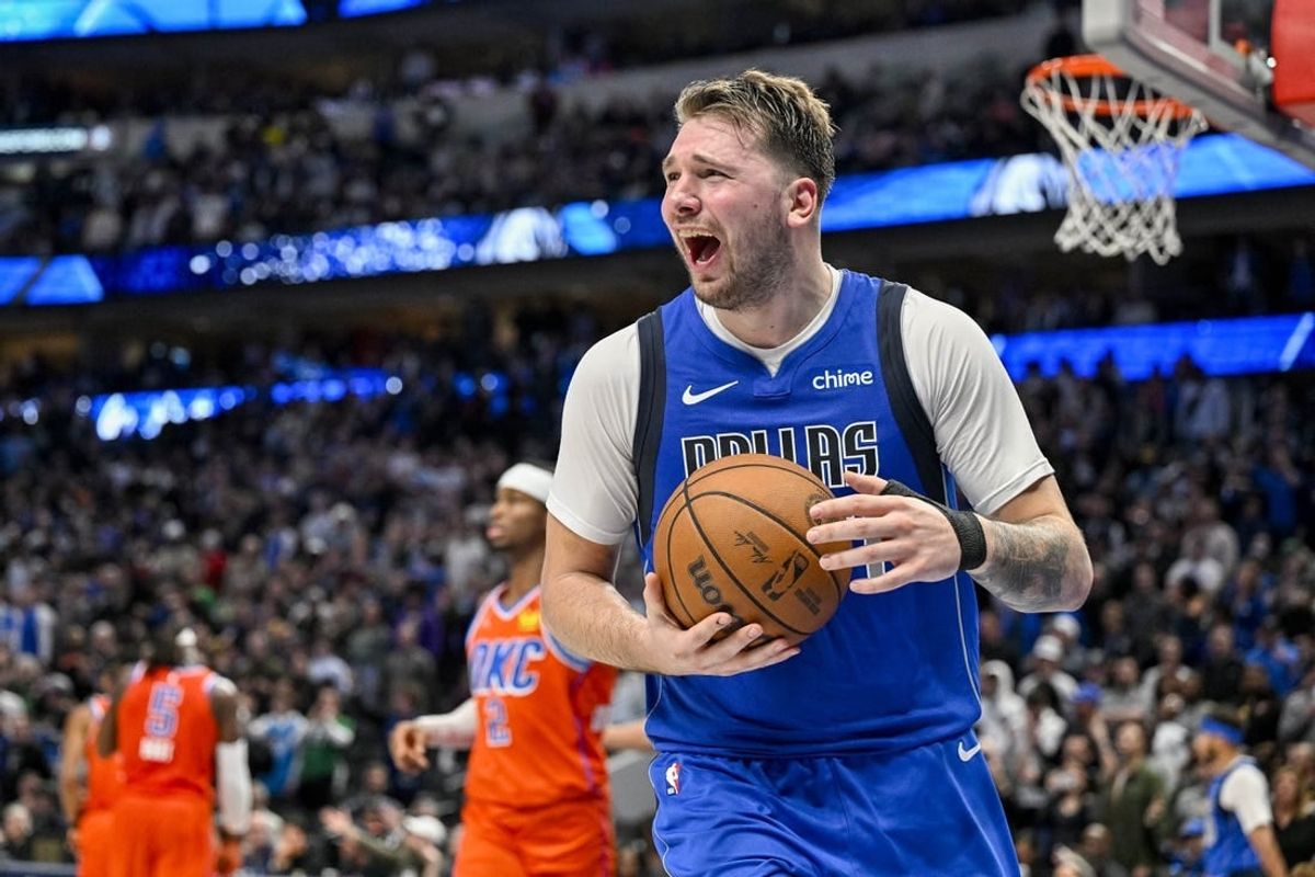 Dec 2, 2023; Dallas, Texas, USA; Dallas Mavericks guard Luka Doncic (77) reacts to a call during the game between the Dallas Mavericks and the Oklahoma City Thunder at the American Airlines Center.