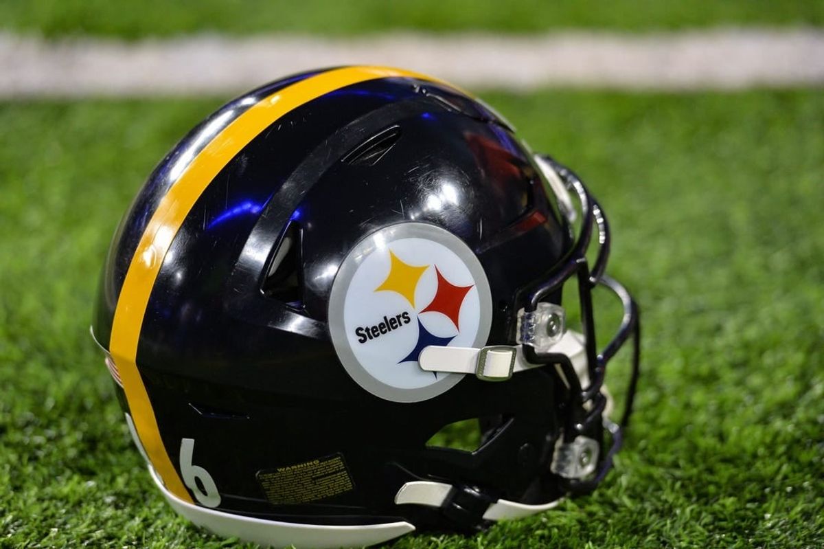Dec 9, 2021; Minneapolis, Minnesota, USA; The Steelers logo on the helmet before the game between the Minnesota Vikings and the Pittsburgh Steelers at U.S. Bank Stadium.