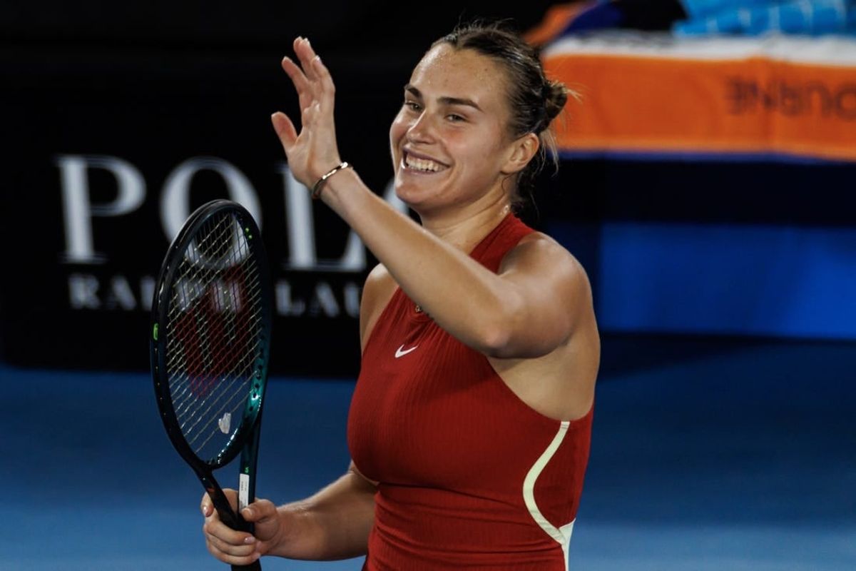 Jan 23, 2024; Melbourne, Victoria, Australia;  Aryna Sabalenka of Belarus celebrates her victory over Barbora Krejcikpva of the Czech Republic in the quarter final of the women s singles.
