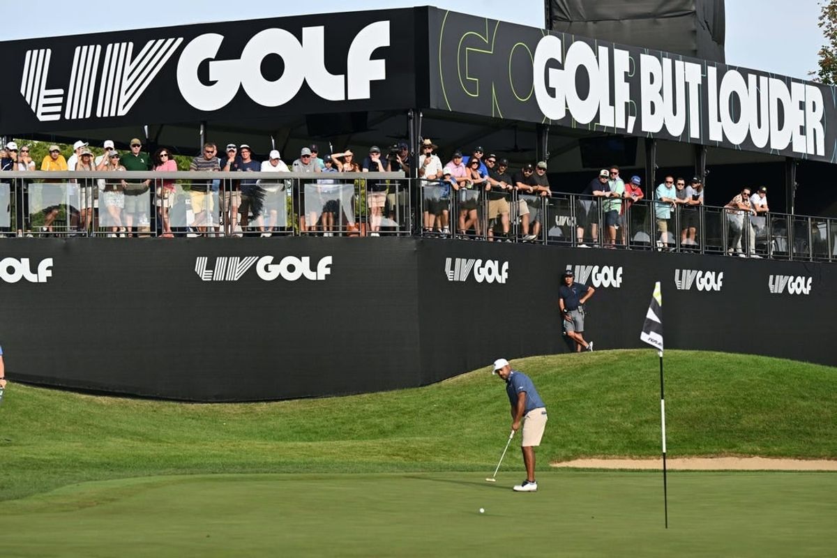 Sep 24, 2023; Sugar Grove, Illinois, USA; Anirban Lahiri putts on the 16th green during the final round of the LIV Golf Chicago golf tournament at Rich Harvest Farms.