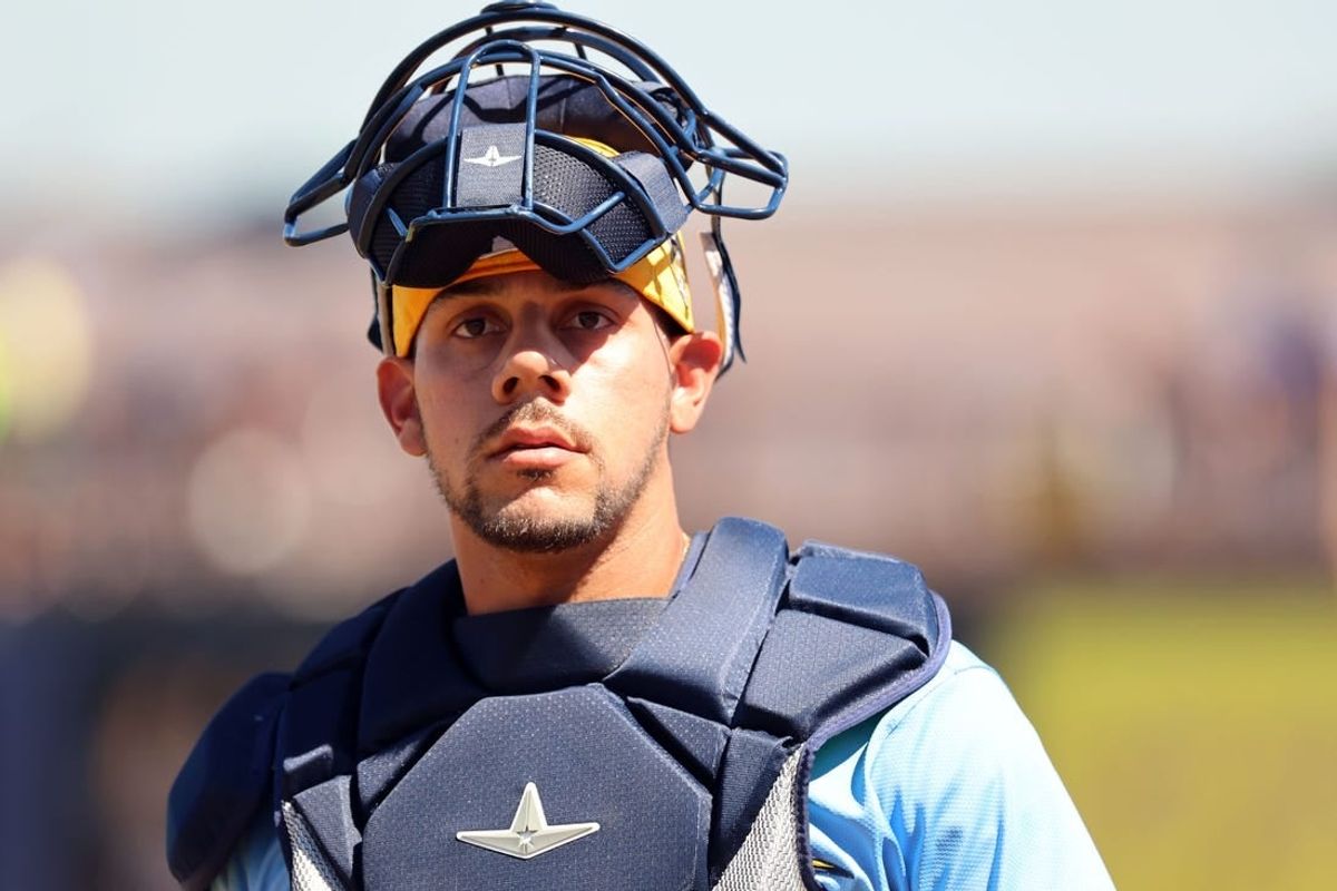 Feb 27, 2024; Port Charlotte, Florida, USA;  Tampa Bay Rays catcher Rene Pinto (50) prior to the game against the New York Yankees at Charlotte Sports Park.