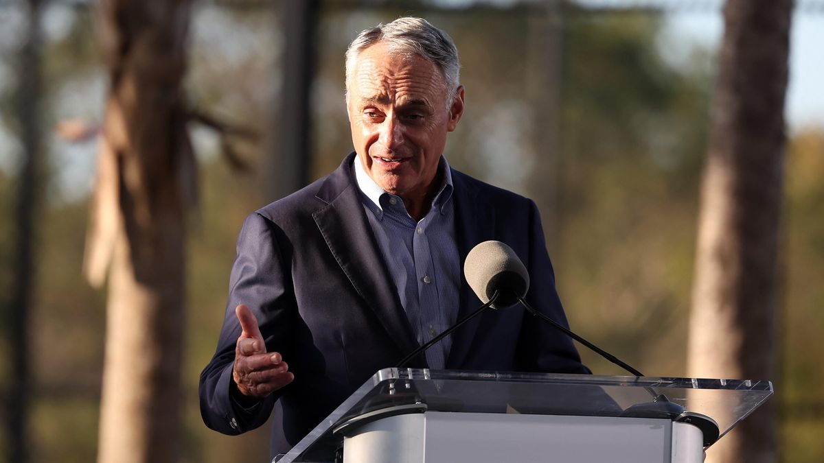 Rob Manfred speaks to the media during the Spring Training Grapefruit League Media Day.