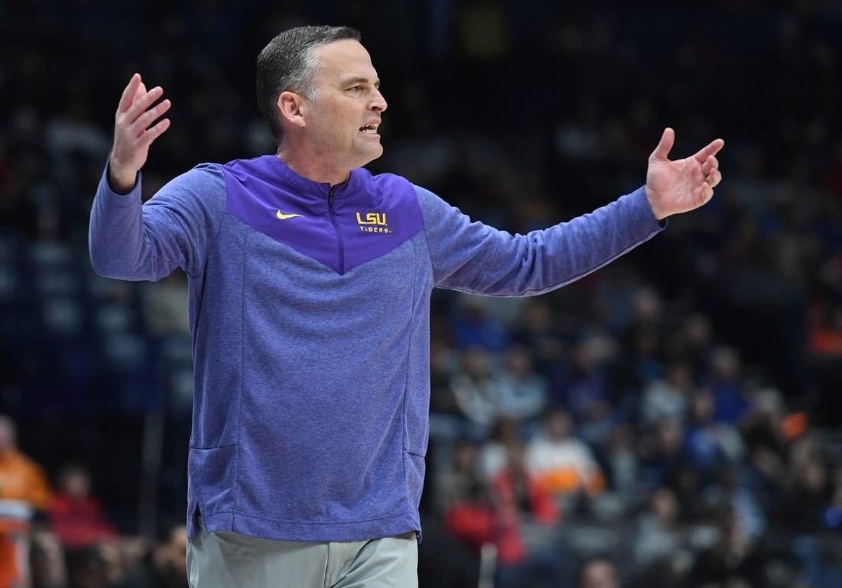 Mar 8, 2023; Nashville, TN, USA; LSU Tigers head coach Matt McMahon reacts after a call by the officials during the first half against the Georgia Bulldogs at Bridgestone Arena.