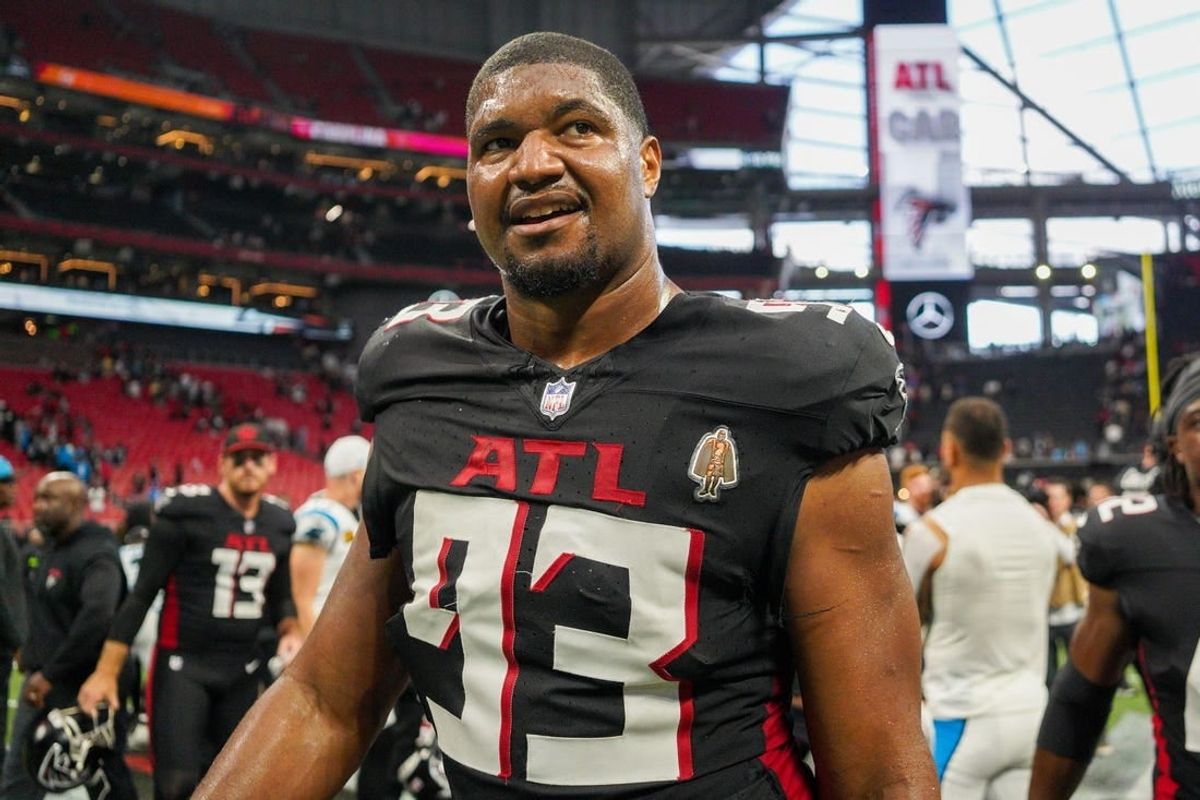 Sep 10, 2023; Atlanta, Georgia, USA; Atlanta Falcons defensive tackle Calais Campbell (93) celebrates after a victory against the Carolina Panthers at Mercedes-Benz Stadium.