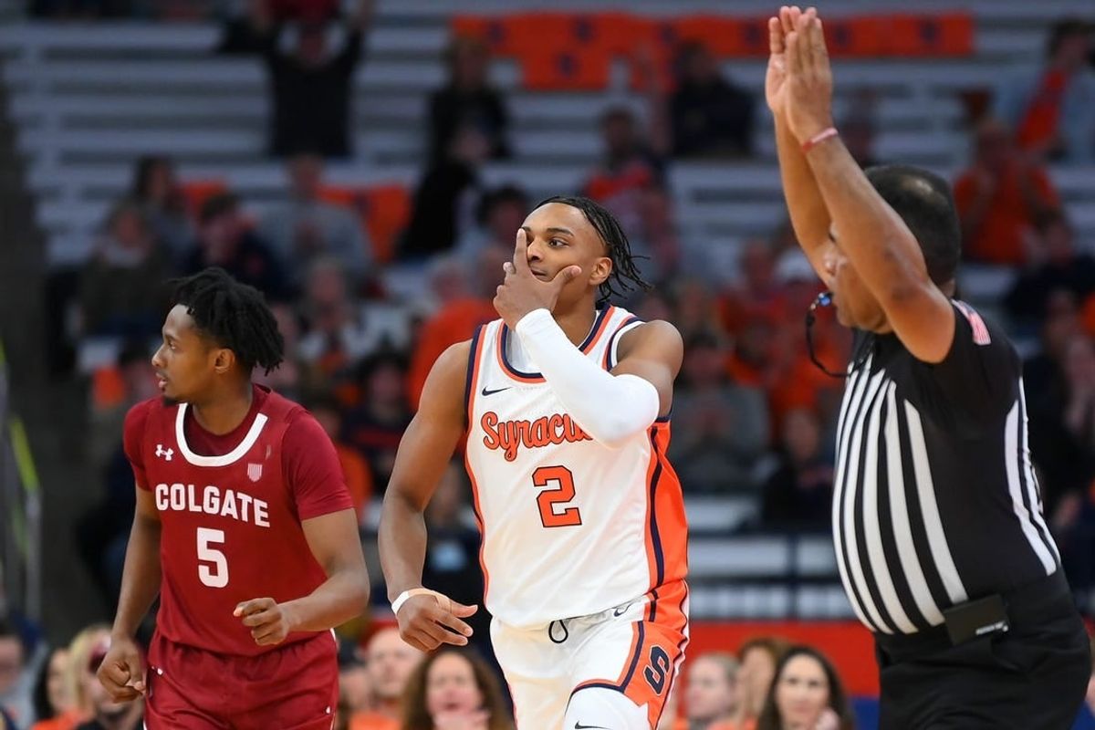 Nov 14, 2023; Syracuse, New York, USA; Syracuse Orange guard JJ Starling (2) reacts to a three-point basket against the Colgate Raiders during the first half at the JMA Wireless Dome.