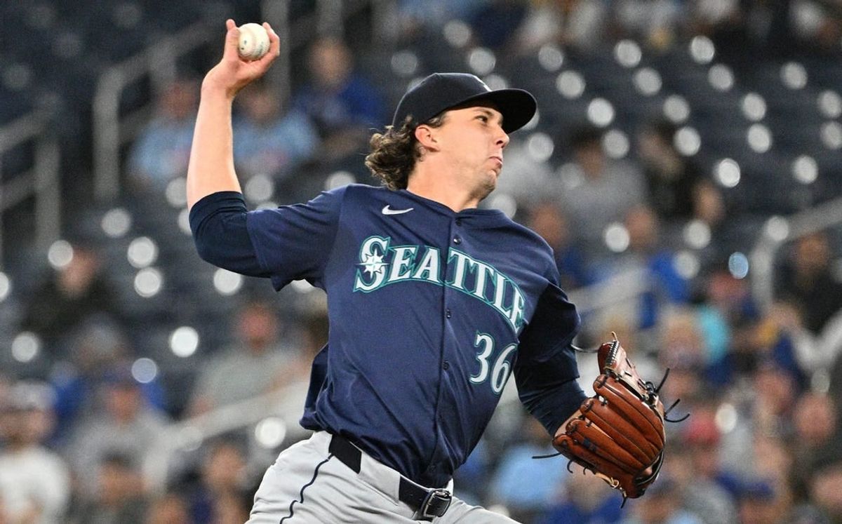 Apr 10, 2024; Toronto, Ontario, CAN;  Seattle Mariners starting pitcher Logan Gilbert (36) delivers a pitch against the Toronto Blue Jays in the second inning at Rogers Centre.