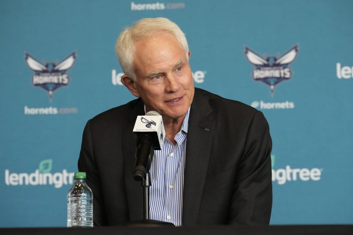 Jun 28, 2022; Charlotte, NC, USA; Charlotte Hornets general manager Mitch Kupchak answers media questions after announcing that Steve Clifford would return to coach the team at the Spectrum Center in Charlotte, NC.