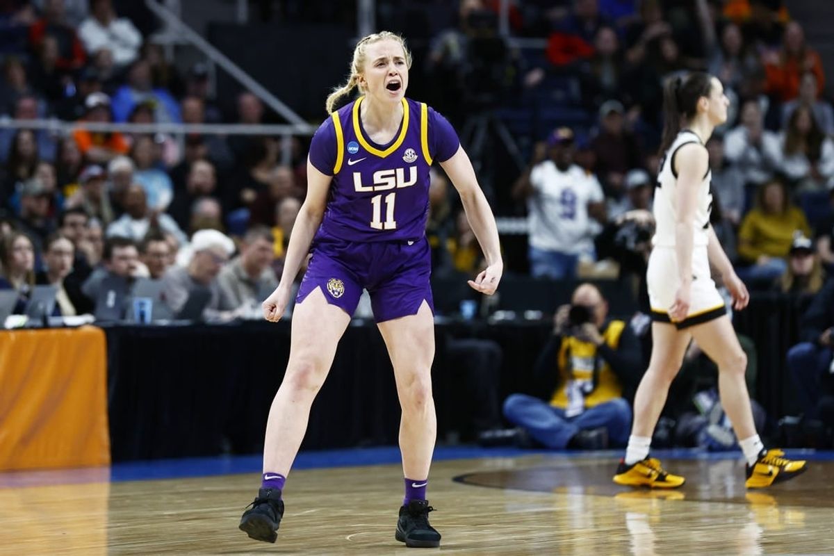 Apr 1, 2024; Albany, NY, USA; LSU Lady Tigers guard Hailey Van Lith (11) reacts in the second quarter against the Iowa Hawkeyes in the finals of the Albany Regional in the 2024 NCAA Tournament at MVP Arena.