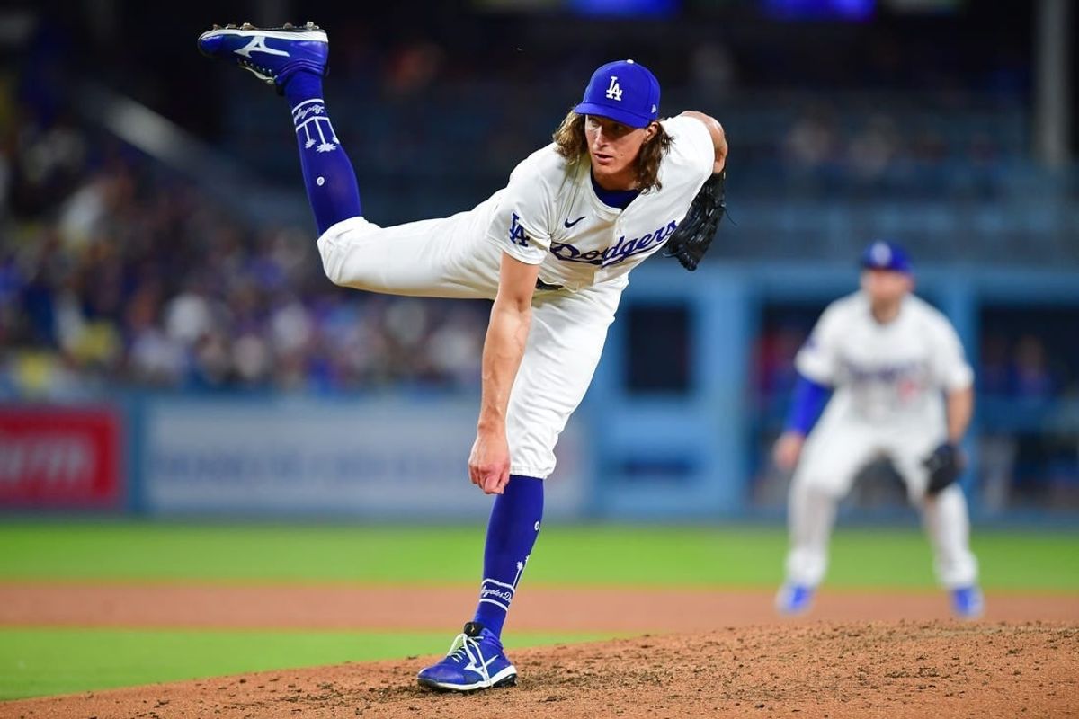 Apr 3, 2024; Los Angeles, California, USA; Los Angeles Dodgers starting pitcher Tyler Glasnow (31) throws against the San Francisco Giants during the sixth inning at Dodger Stadium.
