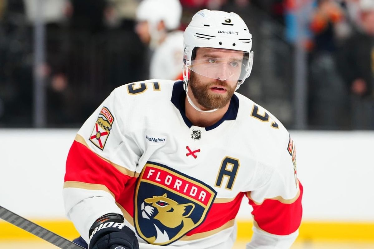 Jan 4, 2024; Las Vegas, Nevada, USA; Florida Panthers defenseman Aaron Ekblad (5) warms up before a game against the Vegas Golden Knights at T-Mobile Arena.