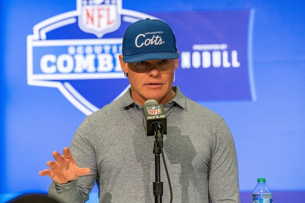 Feb 28, 2024; Indianapolis, IN, USA; Indianapolis Colts general manager Chris Ballard  talks to the media at the 2024 NFL Combine at Indiana Convention Center.