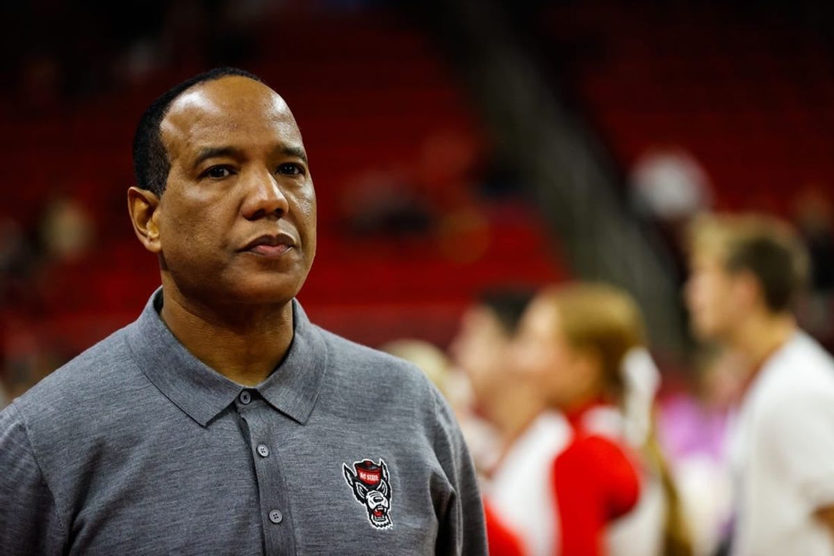 Dec 20, 2023; Raleigh, North Carolina, USA; North Carolina State Wolfpack head coach Kevin Keatts looks on during the first half against Saint Louis at PNC Arena.