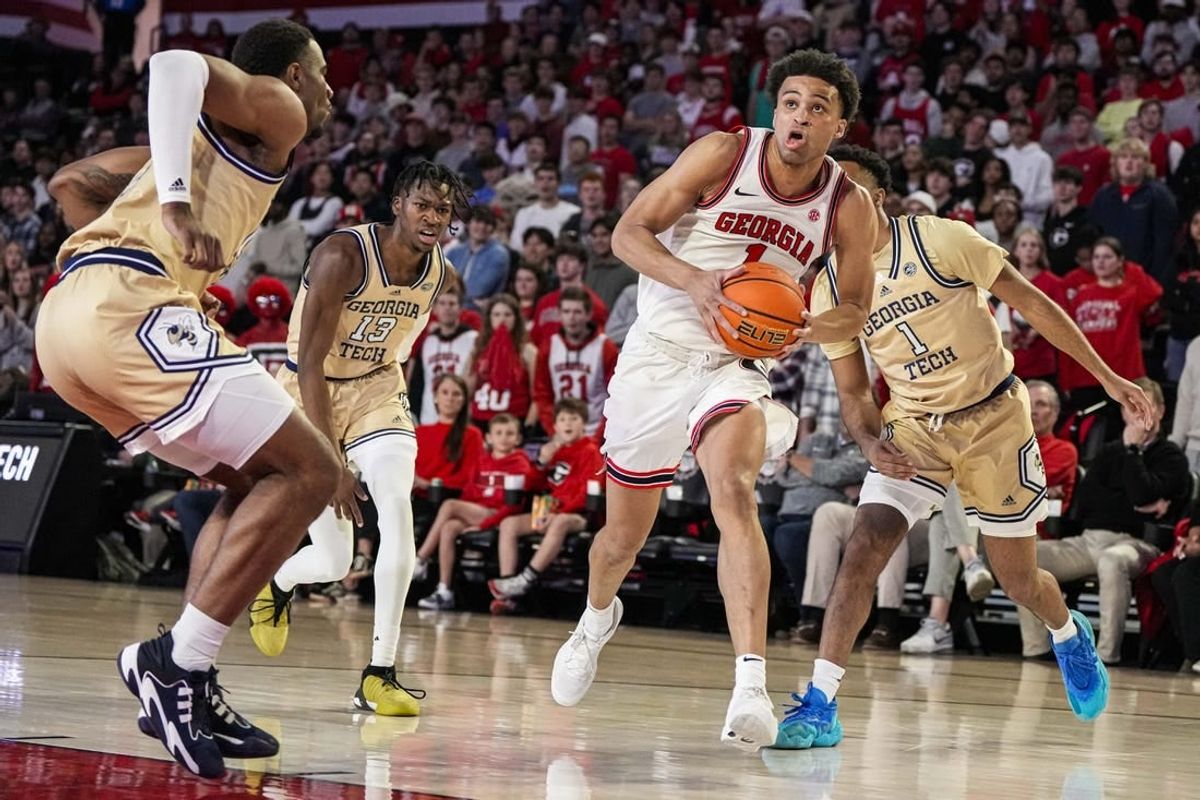 Dec 5, 2023; Athens, Georgia, USA; Georgia Bulldogs guard Jabri Abdur-Rahim (1) drives the ball to the basket against the Georgia Tech Yellow Jackets at Stegeman Coliseum.