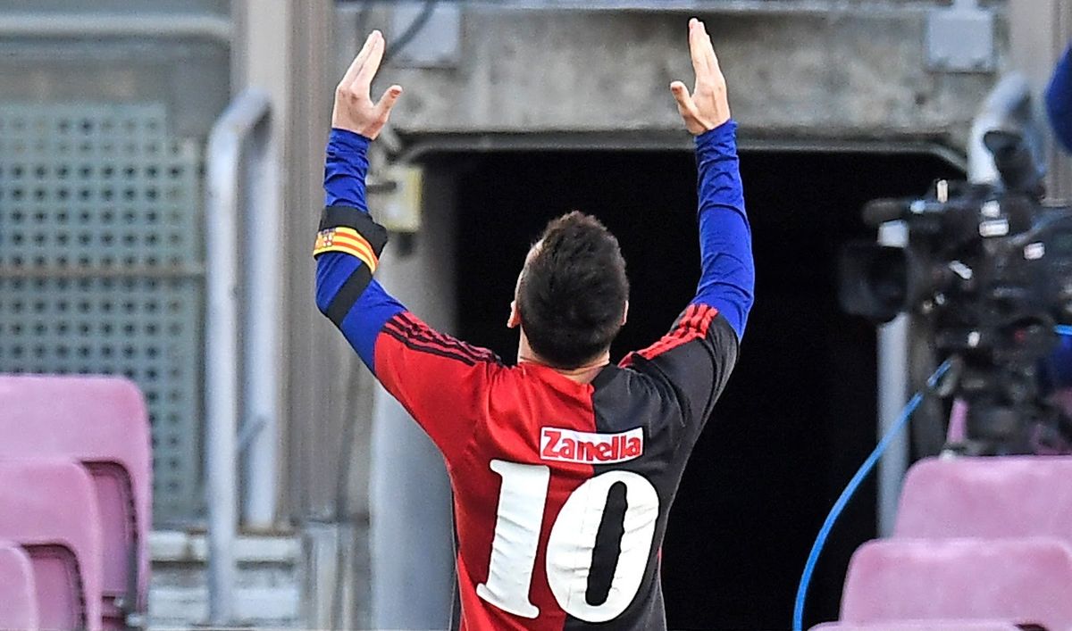 Messi, wearing Maradona’s no. 10, celebrates the late legend after a goal yesterday.