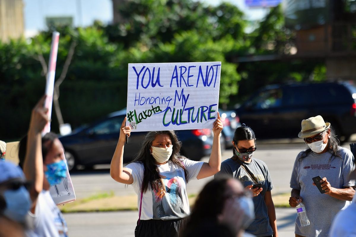 A Native American demonstrator makes an inarguable point.