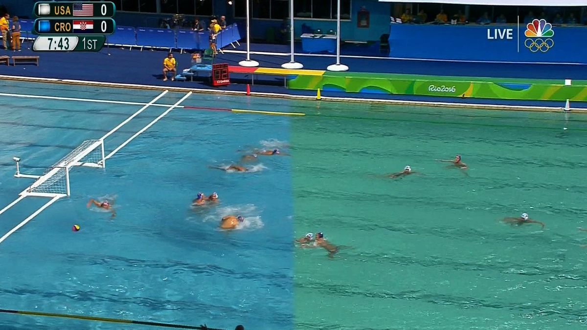 Maria Lenk Aquatics Centre pool. Left: August 6th. Right: Today.