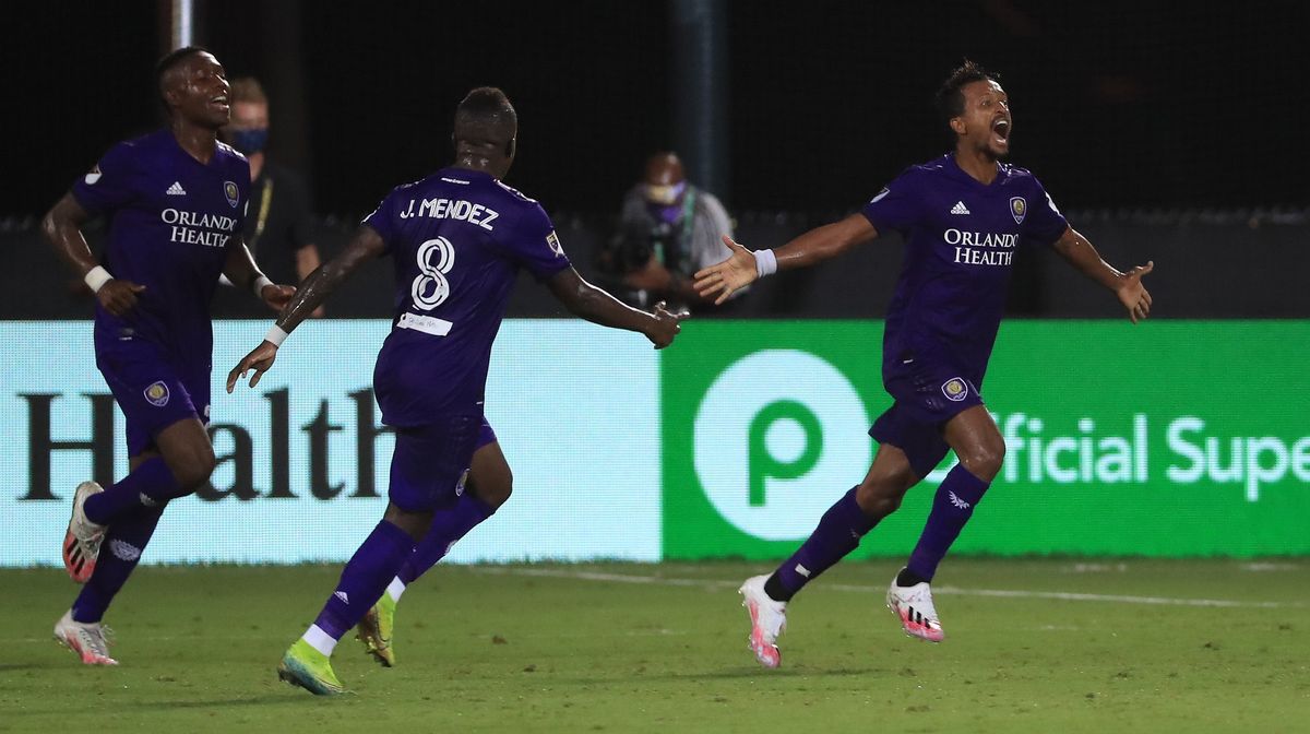 Nani of Orlando City SC celebrates the second goal of his team during a match between Orlando City and Inter Miami as part of MLS is back Tournament