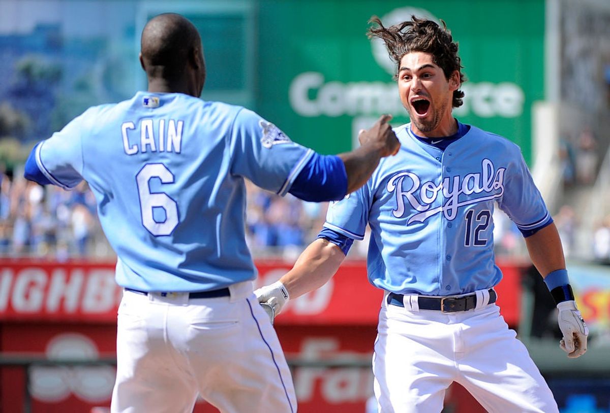 Brett Eibner celebrates the Royals’ are-you-fucking-kidding-me comeback with Lorenzo Cain. Via  [object Object] .