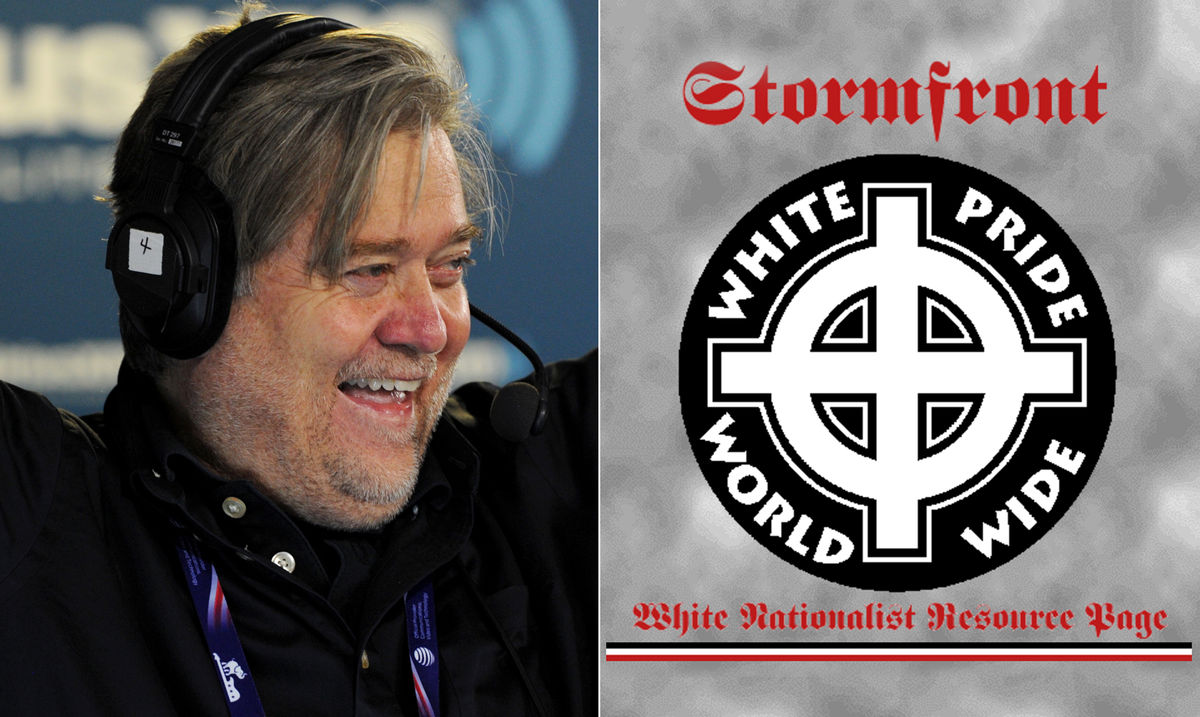 Left: Photo of Steve Bannon by Ben Jackson/ [object Object] . Right: Screengrab of Stormfront.org