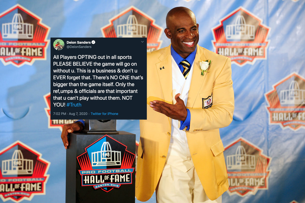 Deion Sanders (R) poses with his bad tweet (L).