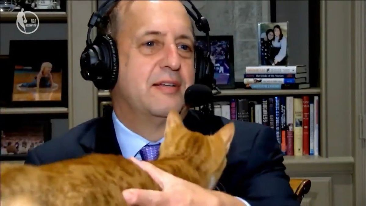 Jeff Va n Gu ndy’s cat joi ned the broadcast booth a nd hilarity e nsued.