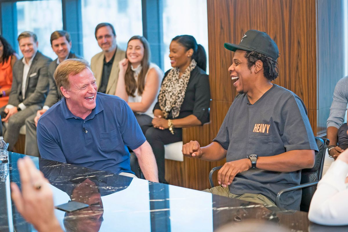 Roger Goodell and rapper Jay-Z yuck it up back in August of 2019, a day after Jay-Z announced that his Roc Nation company was partnering with the NFL.