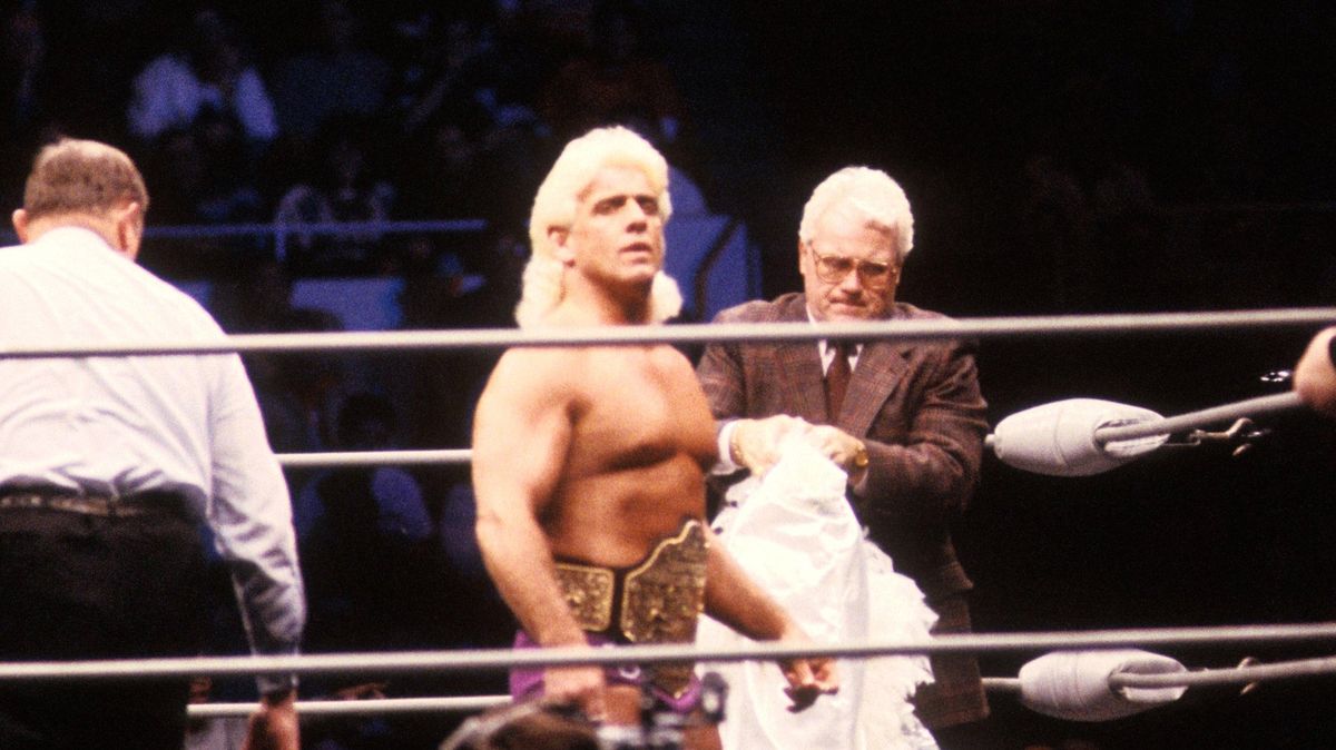 NWA world heavyweight champion Ric Flair prepares to defend the title in 1988. Photo credit: B Bennett/ [object Object]