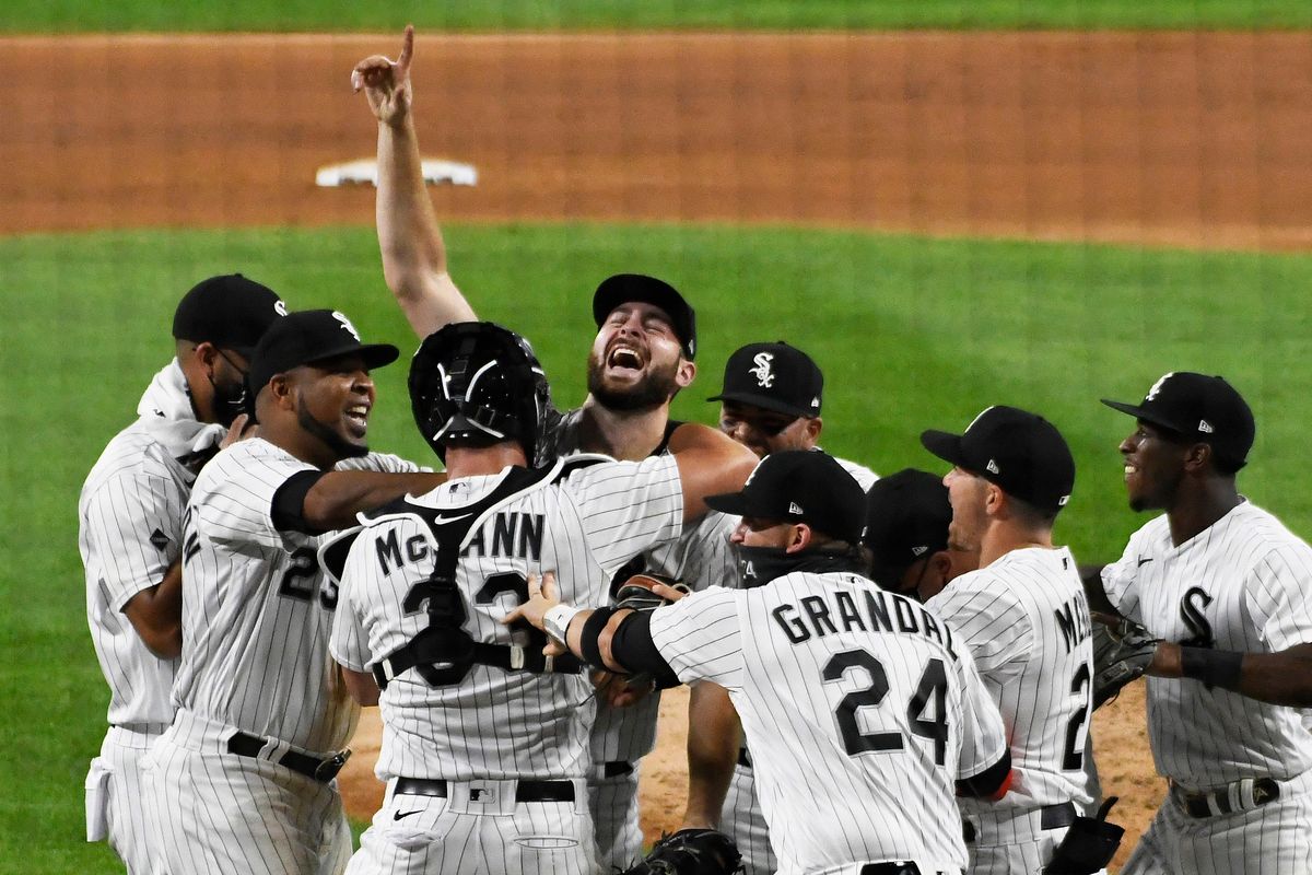 Lucas Giolito celebrates first no-hitter with teammates in Chicago.
