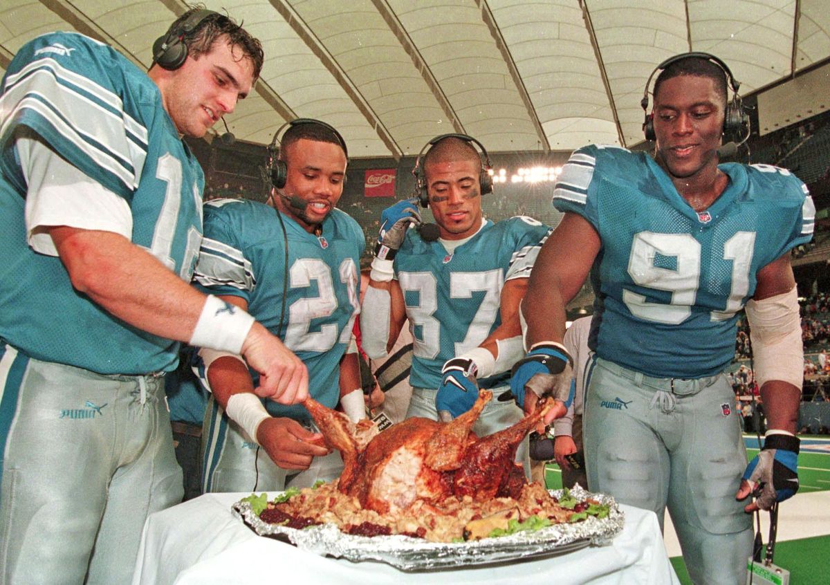 Lions feast on a John Madden Thanksgiving staple, the Turducken.