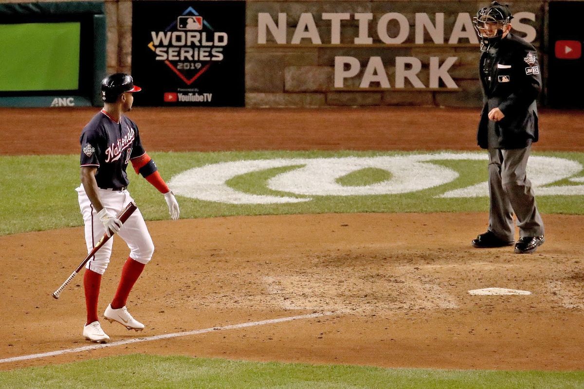 Victor Robles reacts to being called out on strikes in Game 5 of the 2019 World Series between the Washington Nationals and Houston Astros.