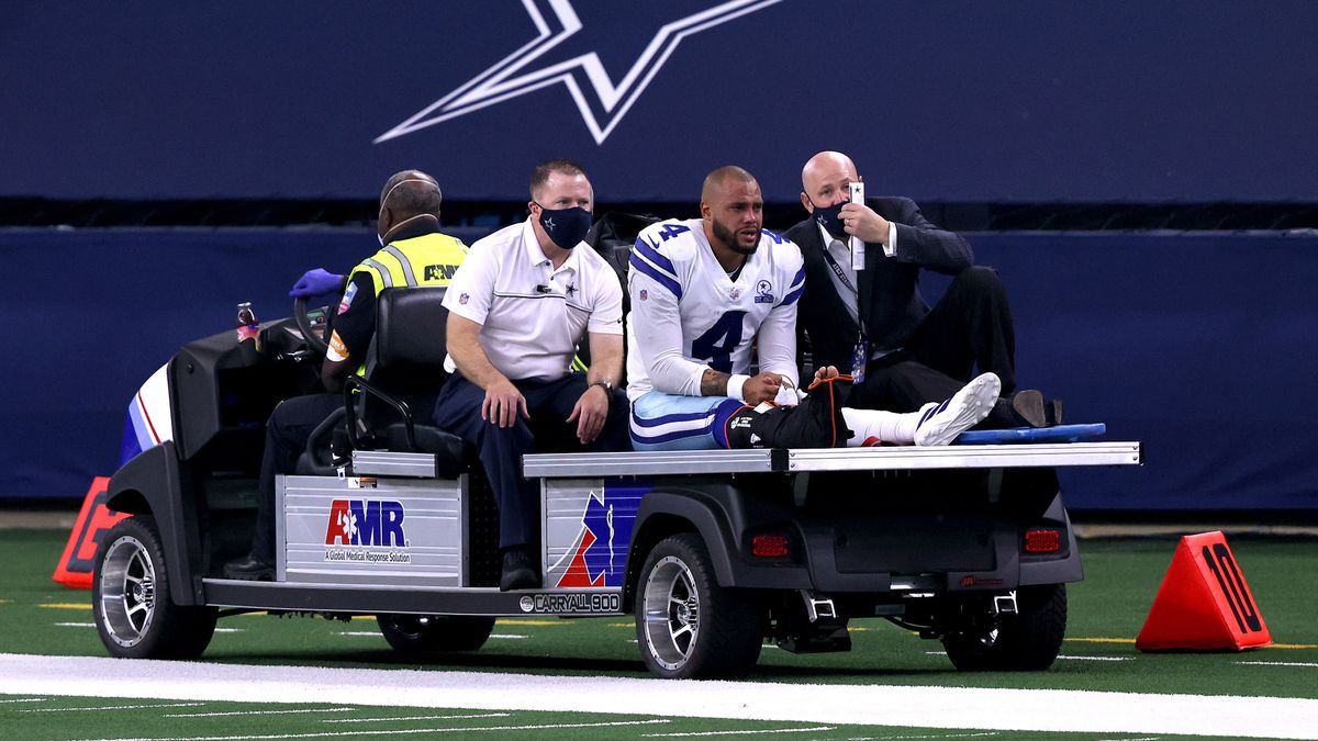 Dallas QB Dak Prescott is carted off the field after a severe ankle injury that requires surgery this evening.