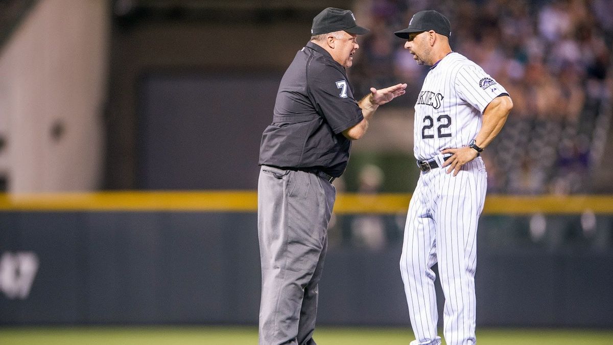 MLB Umpire Brian O’Nora is seen here in 2016, hopefully not giving Walt Weiss any advice.