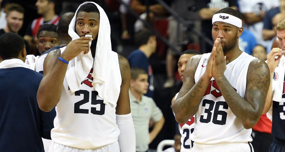 Andre Drummond and DeMarcus Cousins at a pre-2014 FIBA World Basketball Cup scrimmage. (Photo Credit: Ethan Miller/ [object Object] ).
