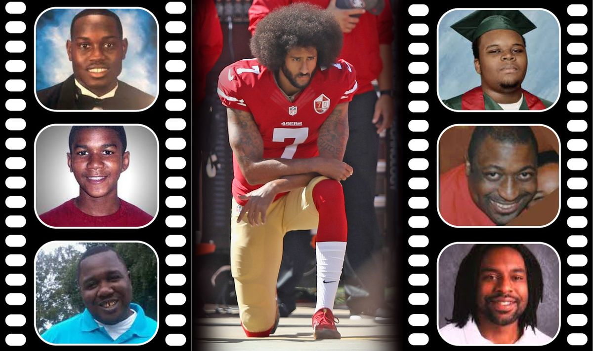 Colin Kaepernick and why he kneels, (L. down) Ahmaud Arbery, Trayvon Martin, Alton Sterling, (r. down) Michael Brown, Eric Garner and Philando Castile.
