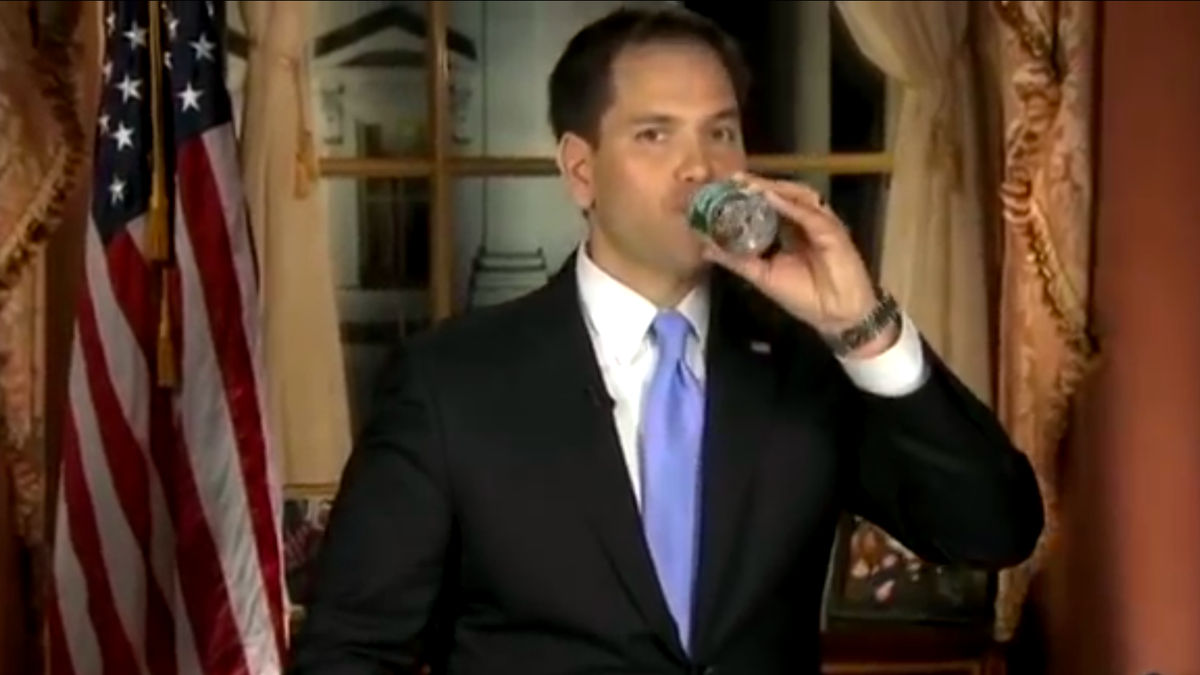 Marco Rubio, seen here drinking water at an inopportune moment, is part of this mess now.