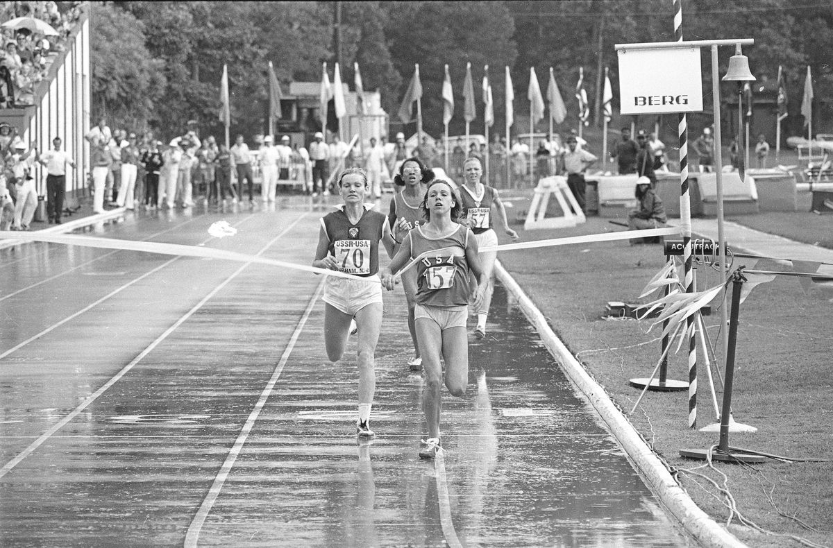 Fifteen-year-old Decker wins the 1974 USSR-USA track meet. Photo credit: [object Object]