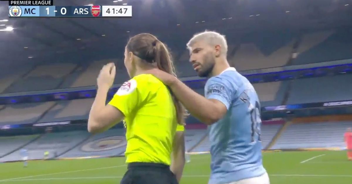 Man City’s Sergio Aguero set off a firestorm  on Saturday when he put his arm around female EPL ref Sian Massey-Ellis.
