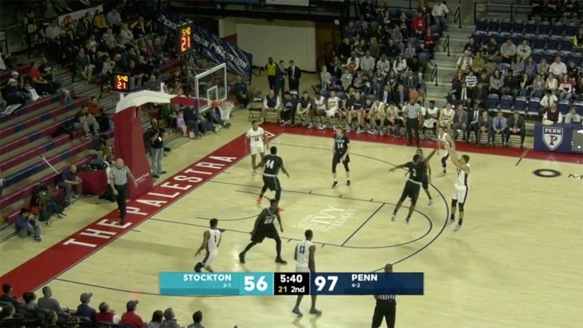 Penn’s Jakub Mijakowski shoots a three-pointer that would put the team at 100 points.