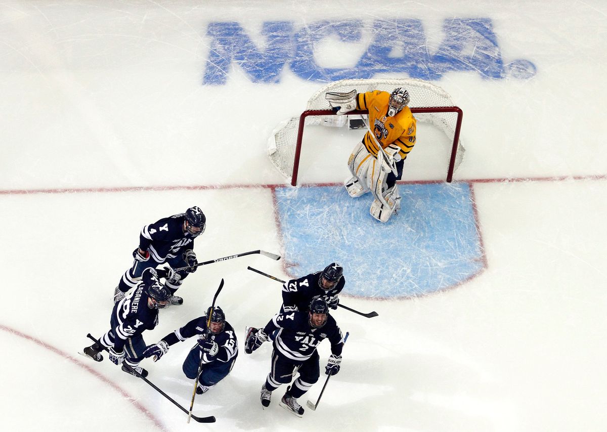 Yale celebrates goal in 2013 NCAA Tourney.
