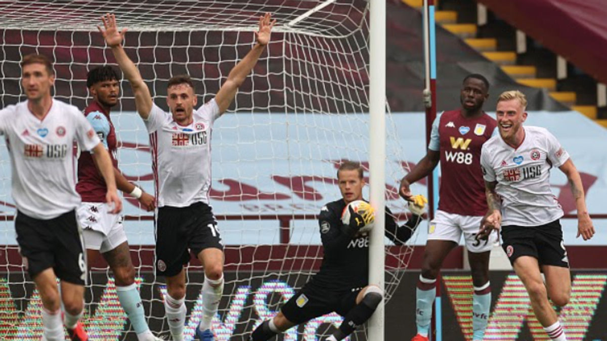 Oliver McBurnie and Jack Robinson of Sheffield United appeal for a goal which is later denied as Orjan Nyland of Aston Villa catches the ball during the Premier League match on Wednesday. Image: Getty