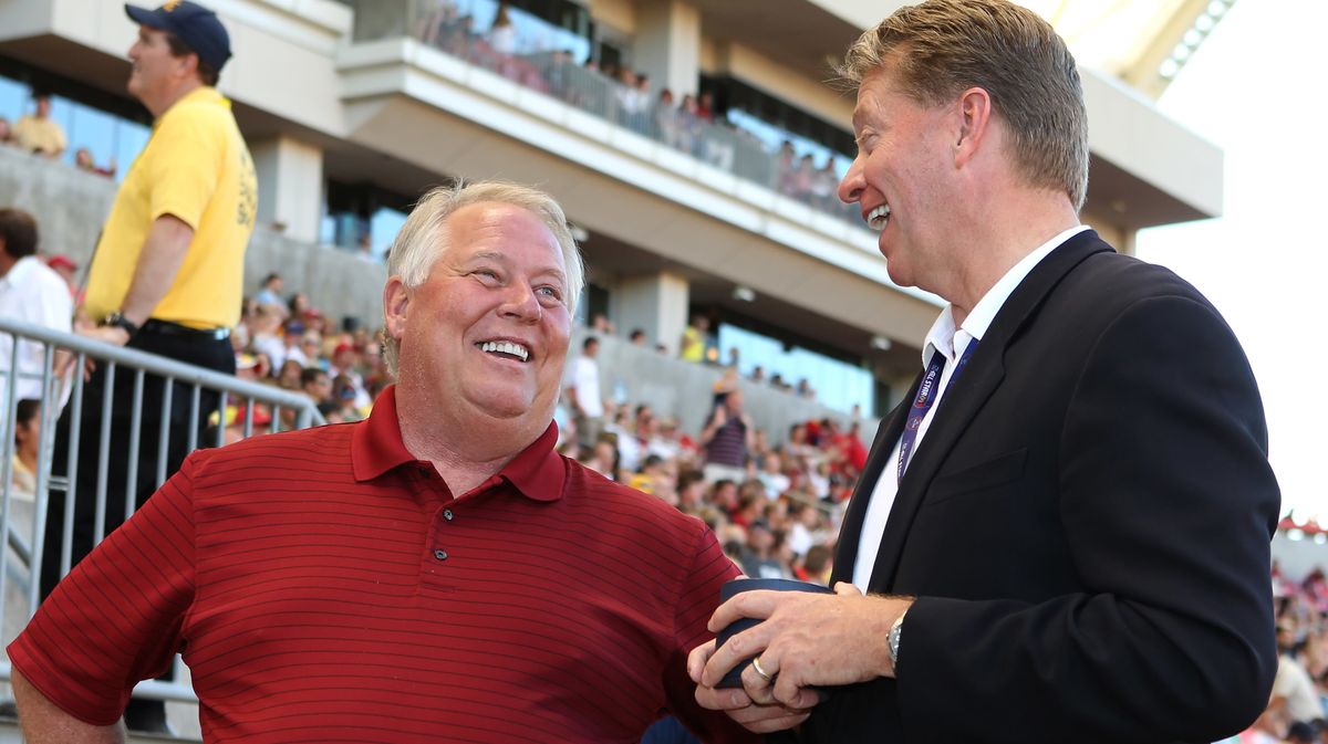 Utah Royals owner Dell Roy Hansen (left) in happier, but likely equally racist, times.