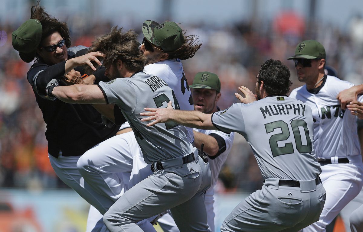 Morse, third from left, a moment after the collision with Samardzija, far left. Ben Margot/AP Images