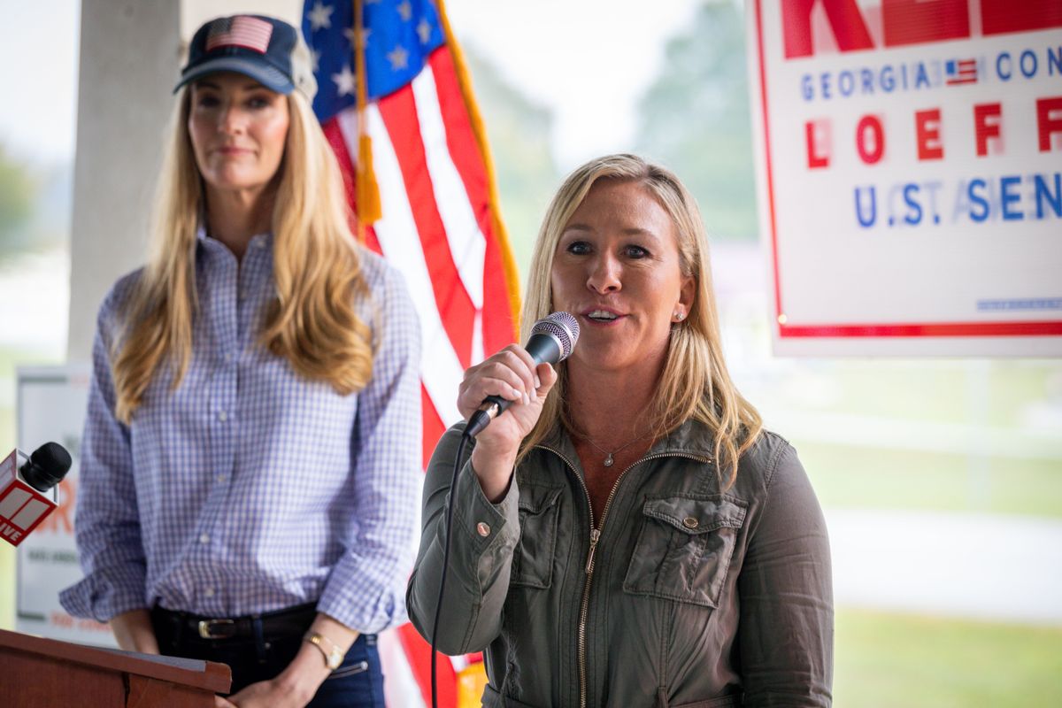 QAnon nutjob Marjorie Taylor Green (right) endorses US Senate candidate Kelly Loeffler (left).